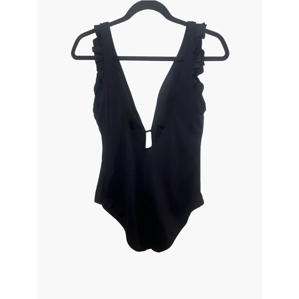Kate Spade New York Women's XL Black Plunge Hamptons Ruffled One-Piece Swimsuit